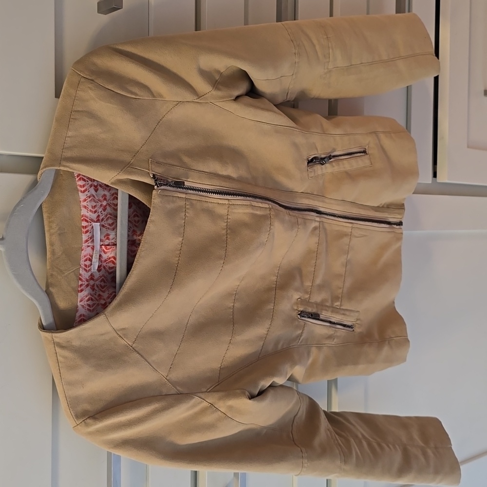 French LPB Tan, Trendy Asymmetrical Zip Up Jacket, Size M